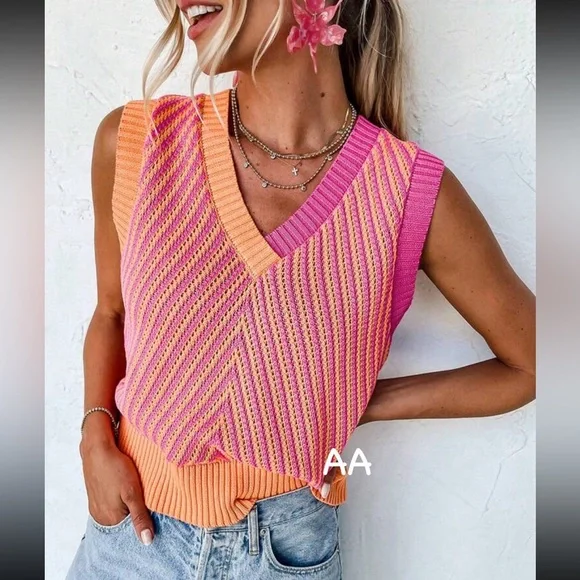 Cozy Boho Colorblock Sleeveless Knit Sweater Top Pink Orange - Picture 1 of 6